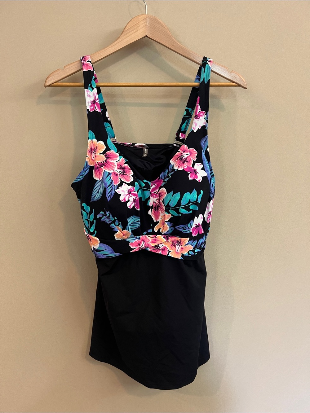 Lands' End Black Tankini Top with Pink and Teal Tropical Floral Accents